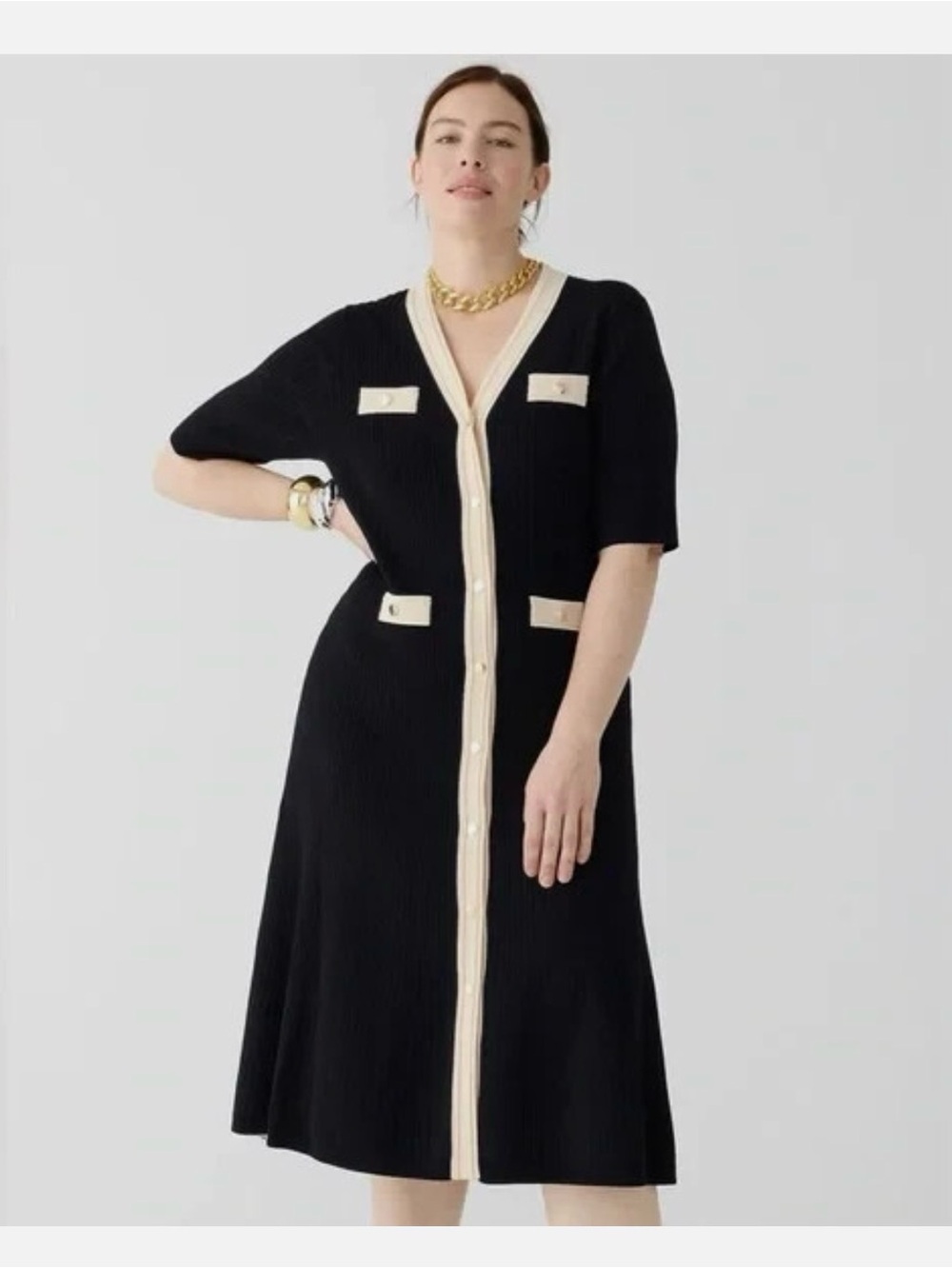 J.Crew Elbow-sleeve Button-up Midi in Black Ribbed Knit Sweater Dress